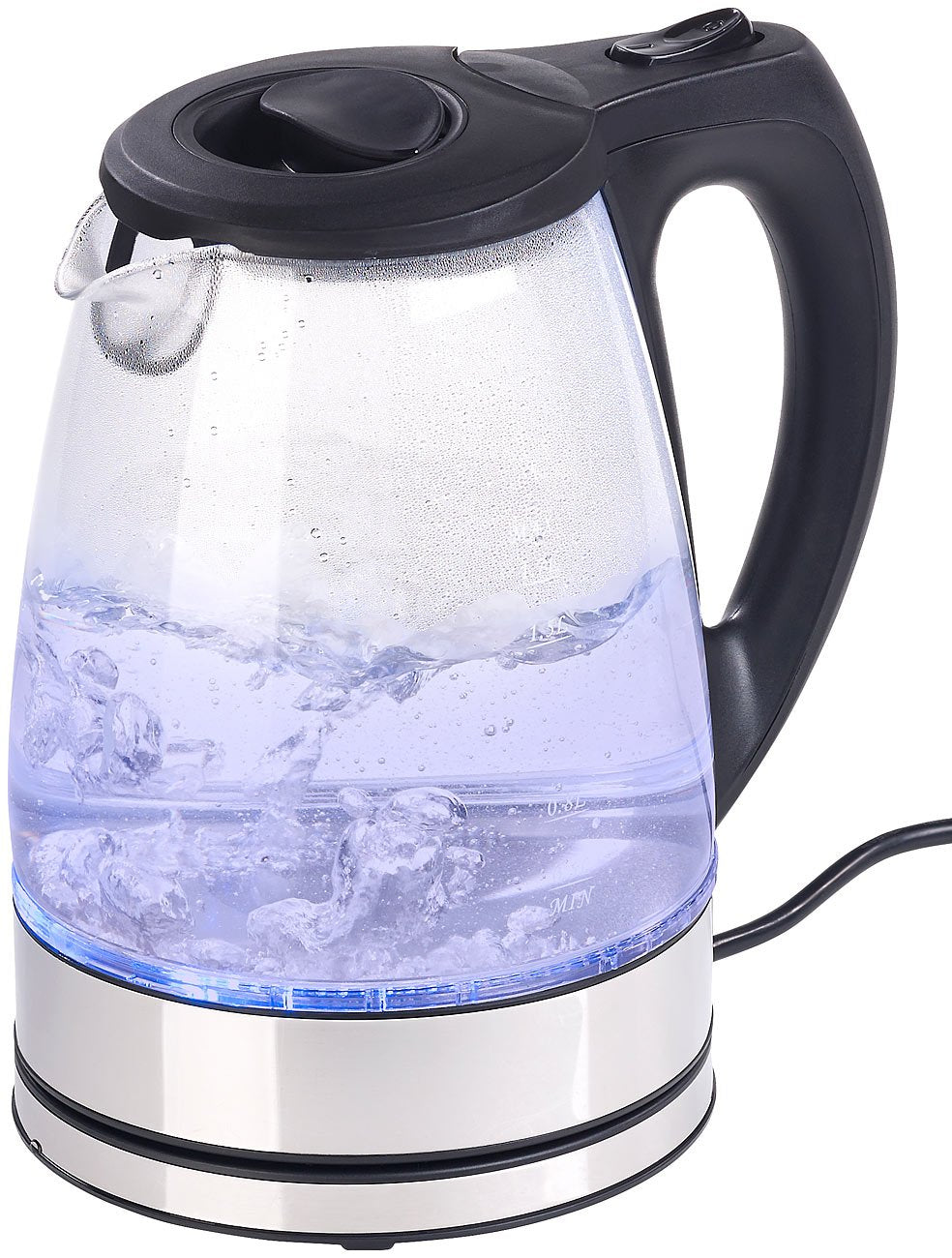 Rosenstein &amp; Söhne Farbwechsel Wasserkocher: Glas-Wasserkocher mit blauer LED-Beleuchtung, 2.200 Wat