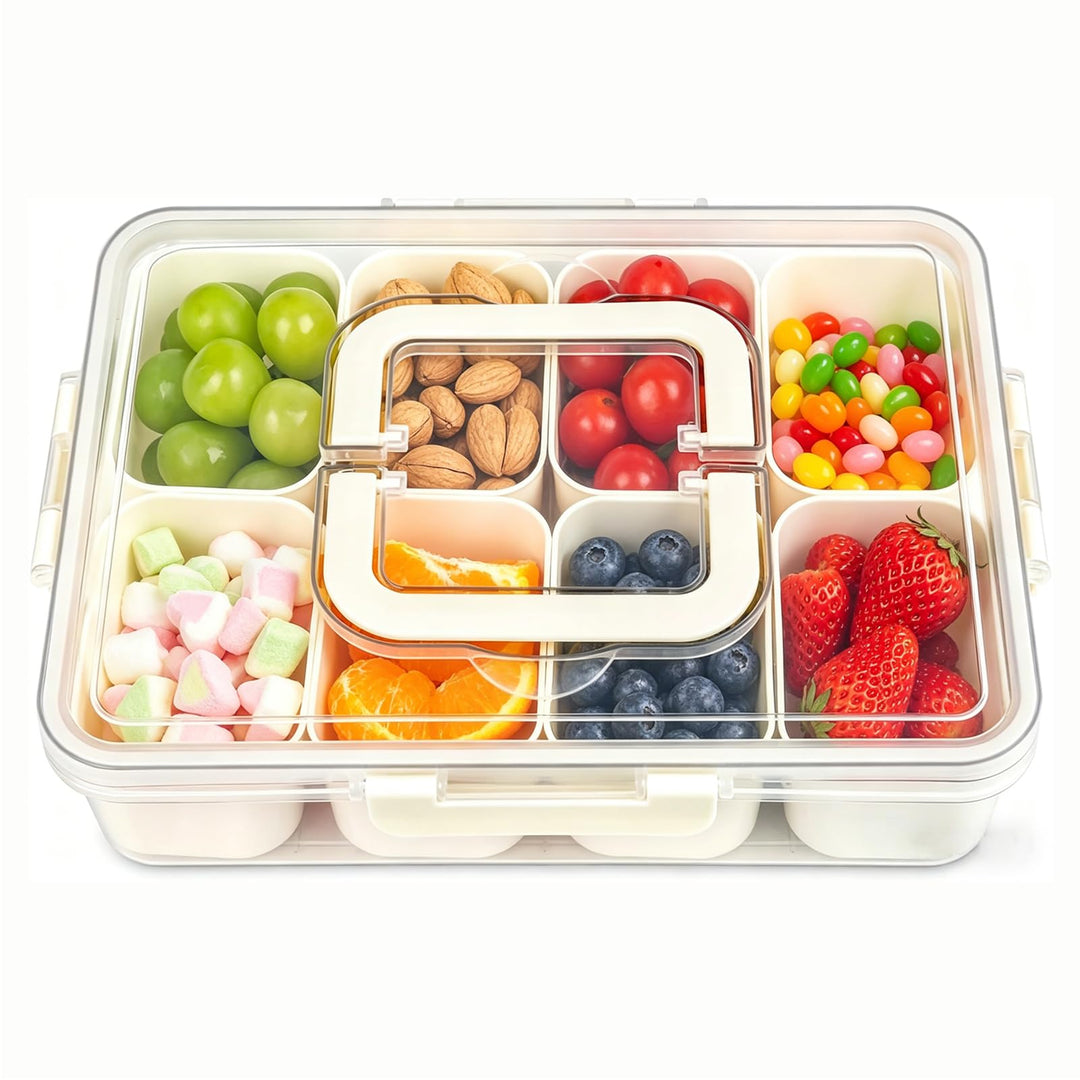 Snackbox mit 8 Fächern, Snackteller mit Deckel und Griffen, Snackdose für Snacks kinder, Süssigkeite