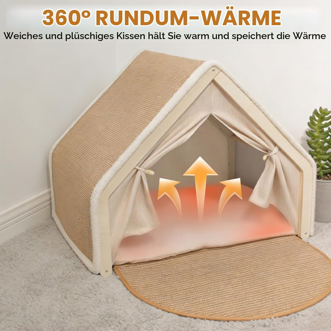 2-in-1 Katzenhaus mit Kratzbrett, Holz katzenzelt &amp; Sisal Kratzfläche als Gemütliche Katzenhöhle für
