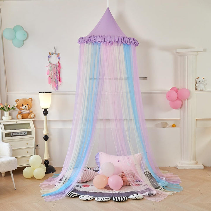 Princess Rainbow Bed Canopy with LED Light Colorful Mesh Stitching Mosquito Net Princess Dome Mesh B