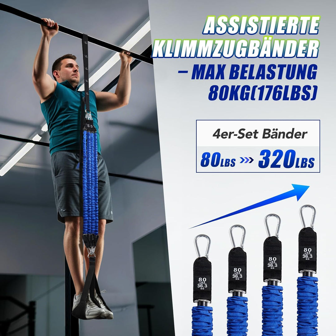Klimmzughilfebänder mit 4 Widerstandsbänder 80-320LBS & Fussstützpedalen, verstellbar in Gewicht und
