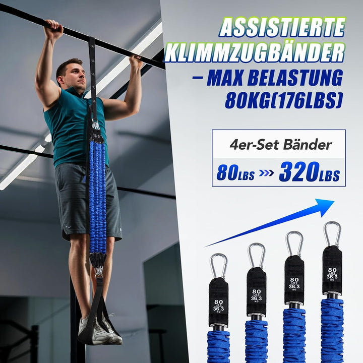 Klimmzughilfebänder mit 4 Widerstandsbänder 80-320LBS & Fussstützpedalen, verstellbar in Gewicht und