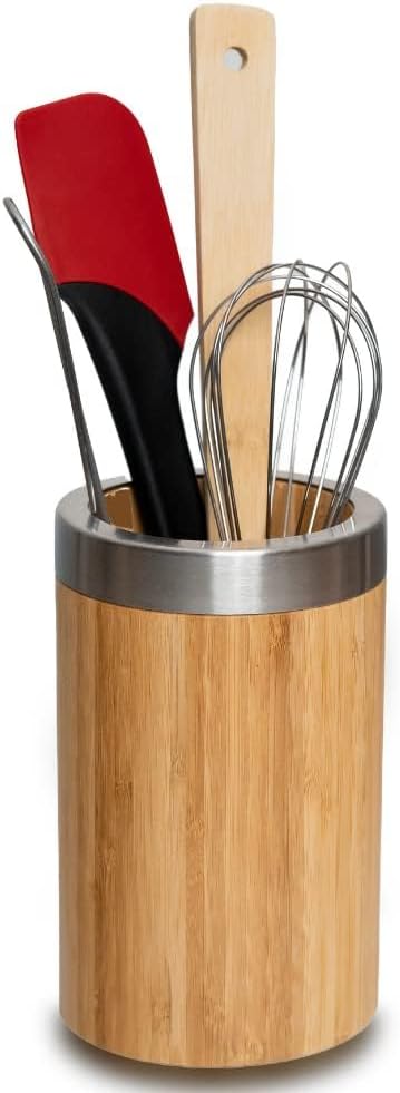 Westmark Utensilienhalter/Küchen-Organizer, rund, mit Edelstahlrand, Masse: ø10 x 16 cm, Bambus/Edel