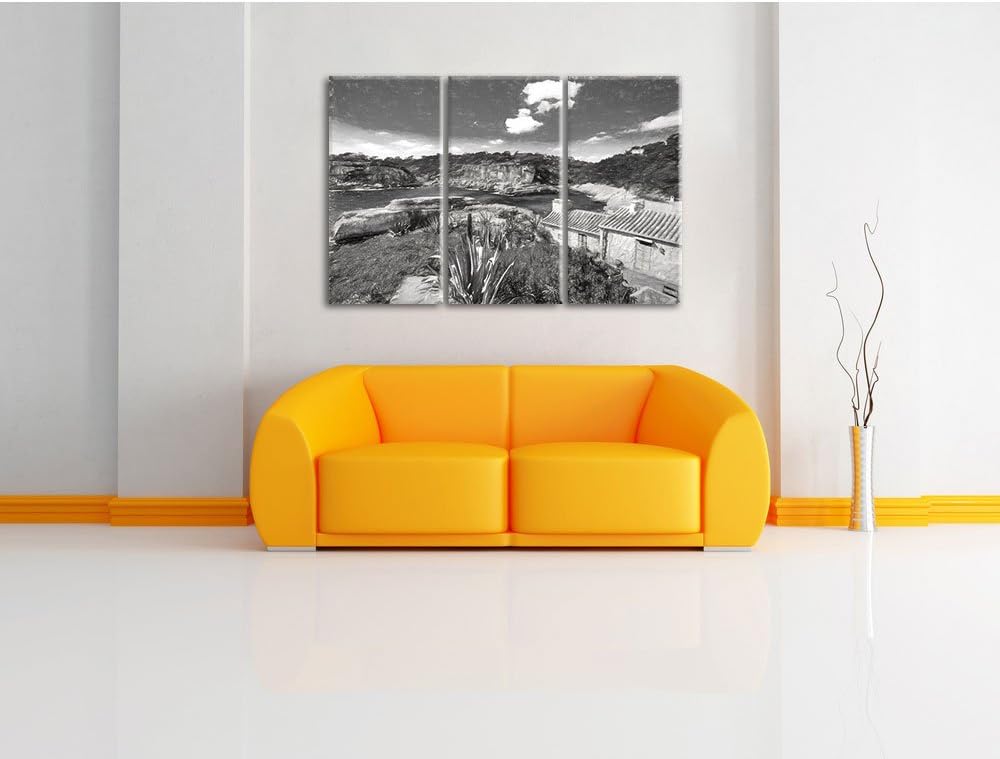 Pixxprint Ferienhaus an der spanischen Küste Kunst Kohle Effekt 3-Teiler Leinwandbild 120x80 Bild au