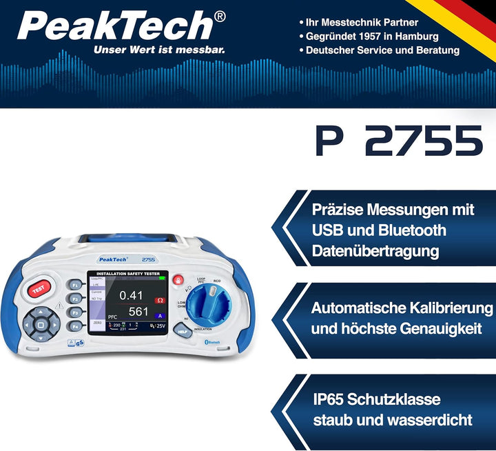 PeakTech 2755 – VDE-0100 Installationstester mit Bluetooth, USB & SD-Karte, Multifunktions Prüfgerät