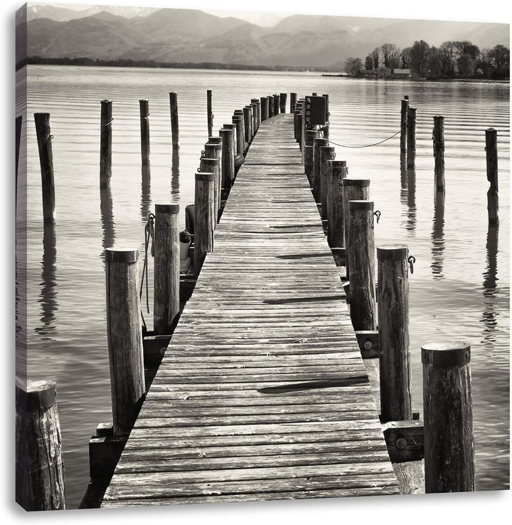 Langer Holzsteg ins Meer, Format: 70x70 auf Leinwand, XXL riesige Bilder fertig gerahmt mit Keilrahm