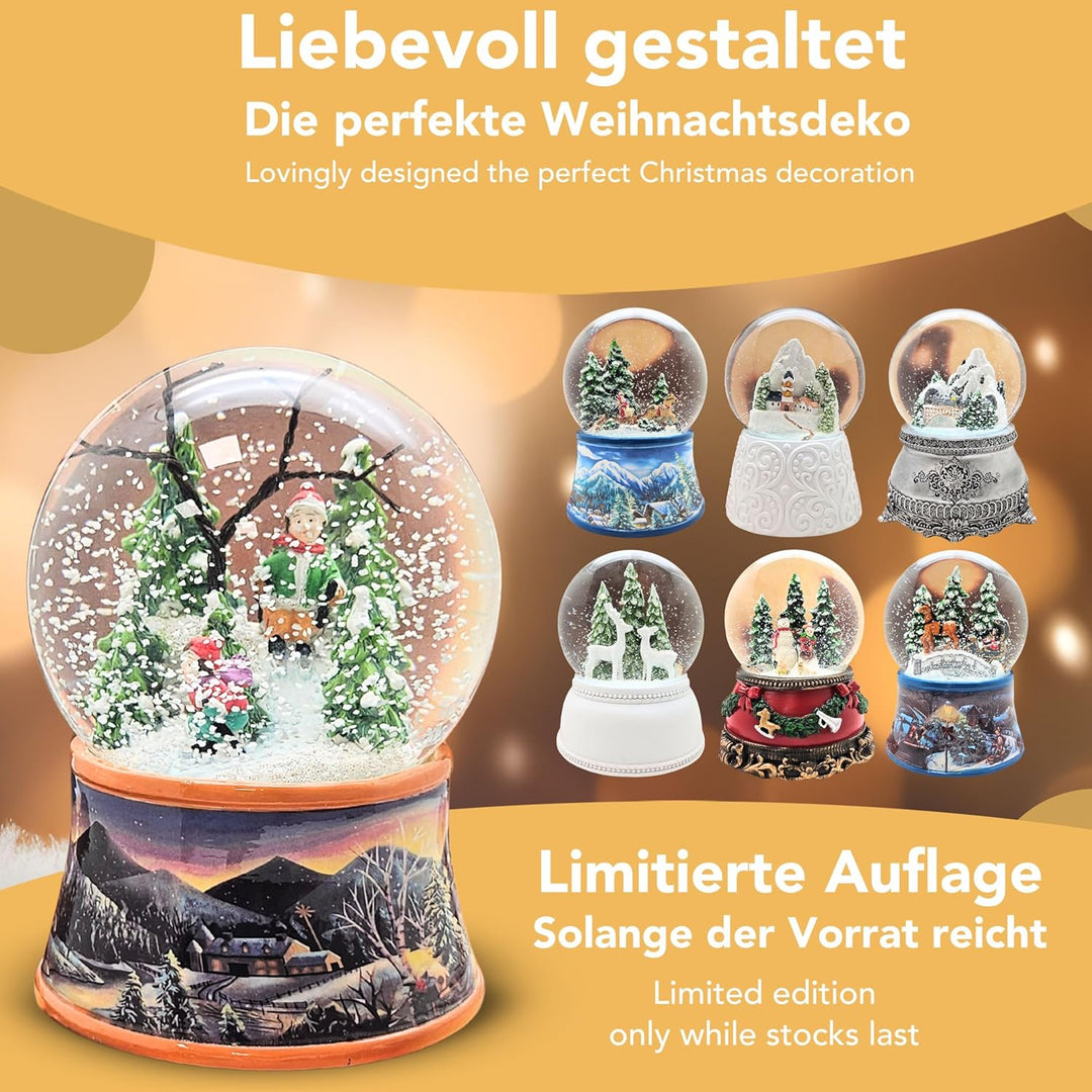 Schneekugel Weihnachten mit Musik | Nostalgische Skifahrer | Sockel Winterlandschaft Ocker| H: 14cm