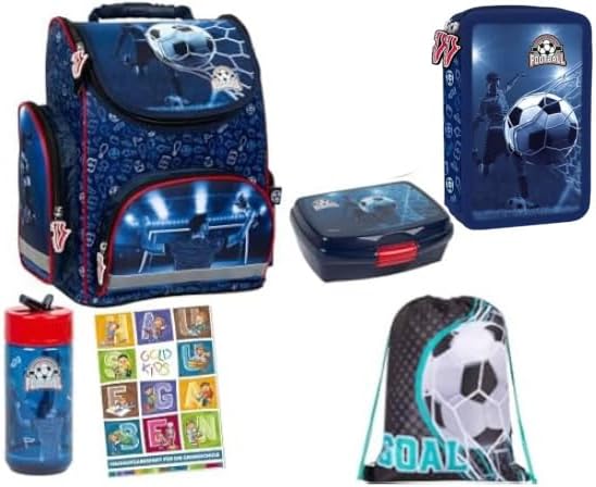 Goldkids - Schulranzen für Jungen, 6er-Set - Schul-Rucksack für Kinder mit Federmäppchen - Schuhbeut