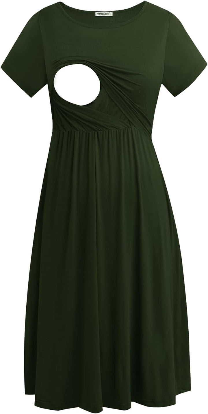 Smallshow Damen Lässiges Kurzarm Stillkleid Umstandskleid für Stillen, Armeegr&#xFC;n(solide) S