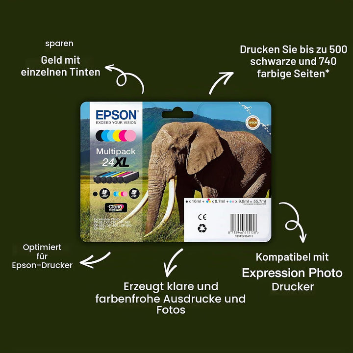 Epson 24XL Elephant High Yield Genuine Multipack, Eco-Friendly Packaging, 6-colours Claria Photo HD