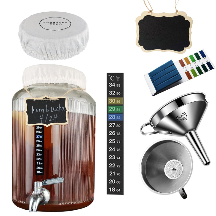 Kombucha Brauset mit 5,5L Glasfermenter & Hahn – Komplett-Set mit Edelstahl-Trichter, Tuch, Temperat