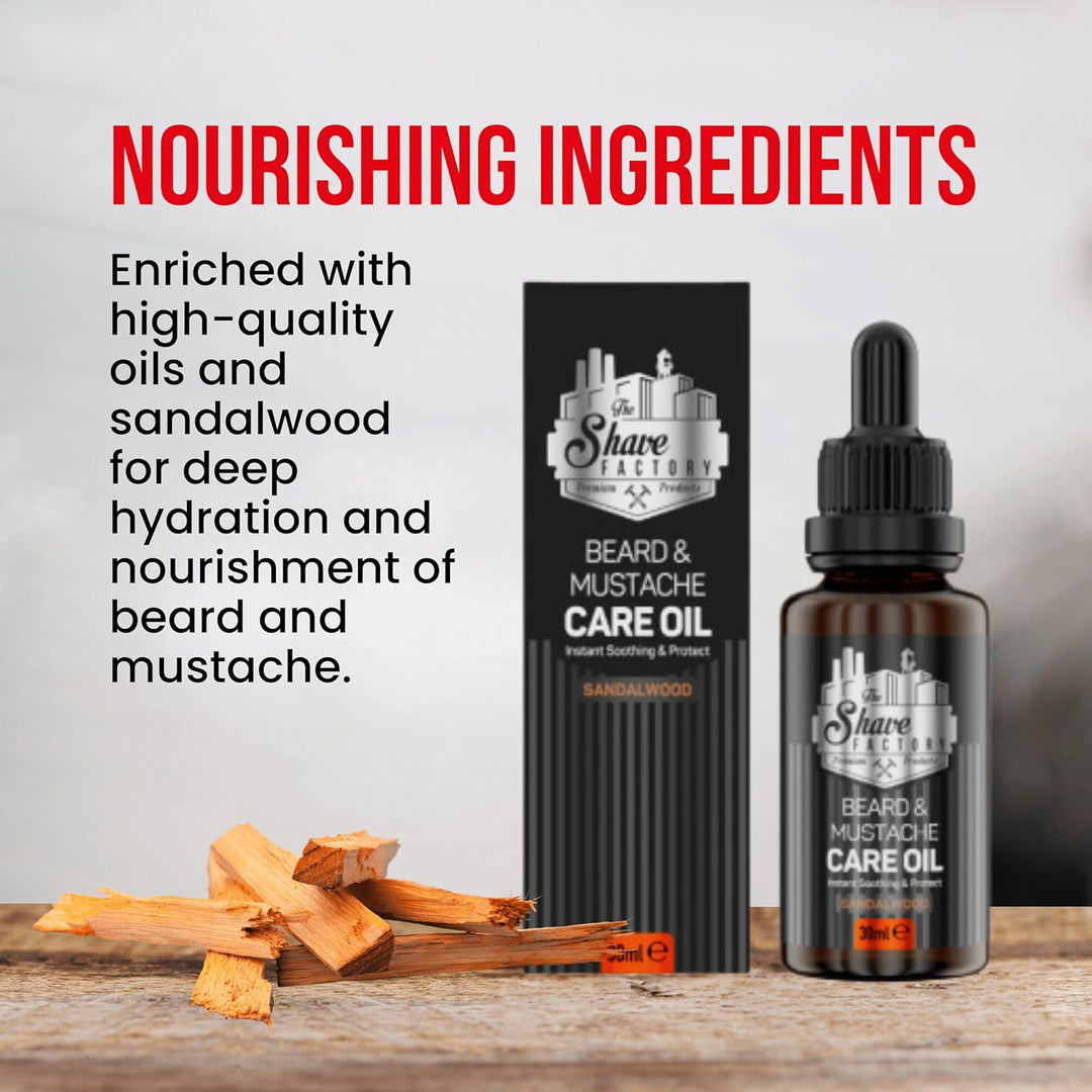 The Shave Factory Beard and Mustache Care Oil - Bart- und Schnurrbart-Pflegeöl mit Sandelholz – die
