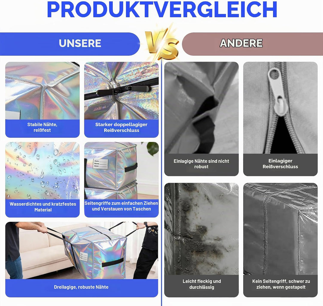 4pcs Grosse Aufbewahrungstasche 87L Heavy-Duty Umzugstaschen mit 8 Kärtchen, Faltbare Umzugskartons