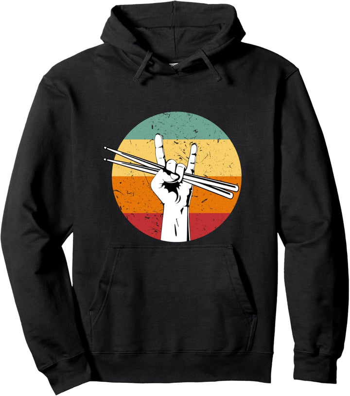 Rock Hand Sign Retro Drumsticks Drum Player Music Pullover Hoodie