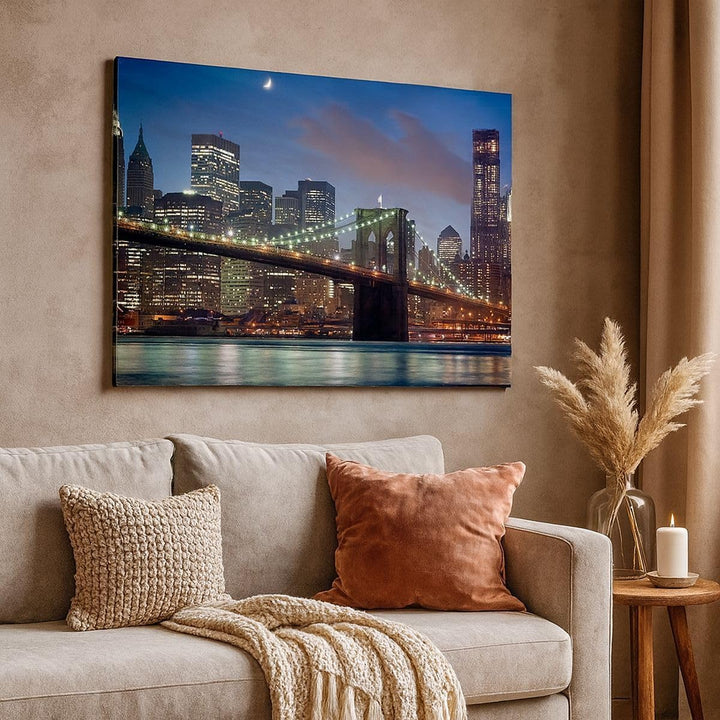 Bilder auf Leinwand 100x70cm Leinwandbild Brooklyn brücke nacht new york city Gross Wanddeko Bild Sc