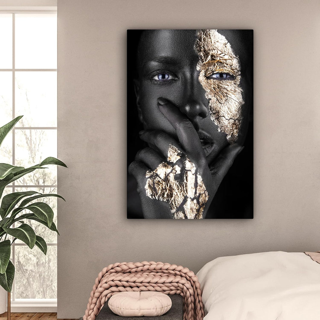MuchoWow© Bild auf Leinwand Gross 80x120 cm XXL Schlafzimmer Bilder Wand Goldene Deko Wohnzimmer Mod