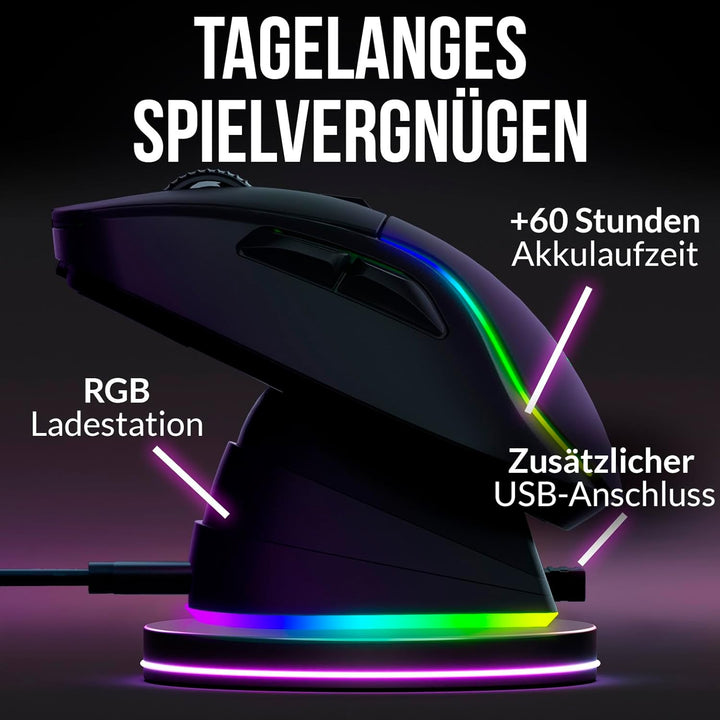 KLIM Blaze Y Wiederaufladbare kabellose Maus - NEU - Gaming Maus mit RGB und Ladestation - Hochpräzi