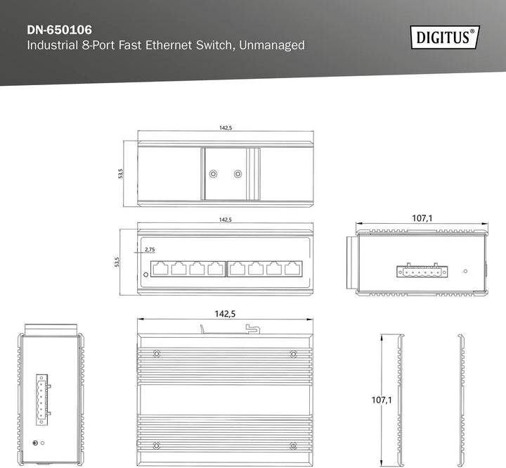 DIGITUS Netzwerk-Switch - 8-Port Fast Ethernet - DIN-Rail Montage - Klemmleiste - Lüfterlos - Schwar