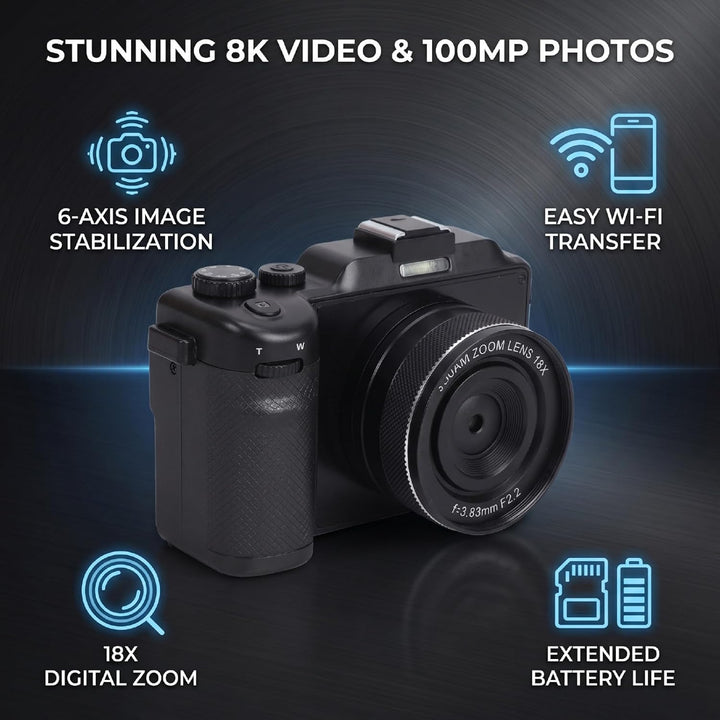 8K WiFi Digitalkamera, 100 MP Dual-Objektiv-Kamera mit 18X Zoom 3 Zoll Bildschirm, 6 Achsen elektron