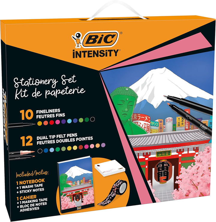 BIC Intensity Stifte Set Japan: 10 Fineliner, 12 Dual Tip Brush Pens, 1 Notizbuch und 1 Klebezettel