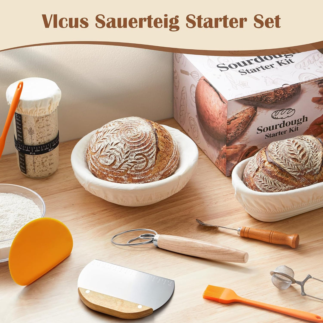 VIcus Sauerteig Starter Set, Gärkörbchen Rund &amp; Oval, Brotbackzubehör Für Sauerteigbrot, Komplettes