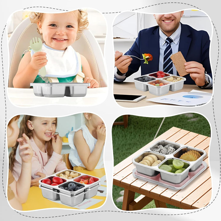 Misichao Edelstahl Snackbox mit 4 Fächern, 400ML Snackdose Kinder, Brotdose Erwachsene, Lunchbox Spü