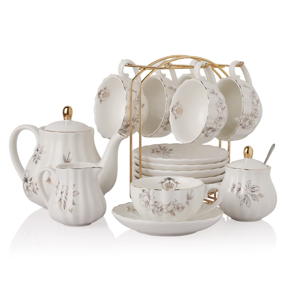 Sweejar Home 22 Stück Europäischen Stil Tee Service, Teetasse und Untertasse Set, Keramik Kaffeeset,