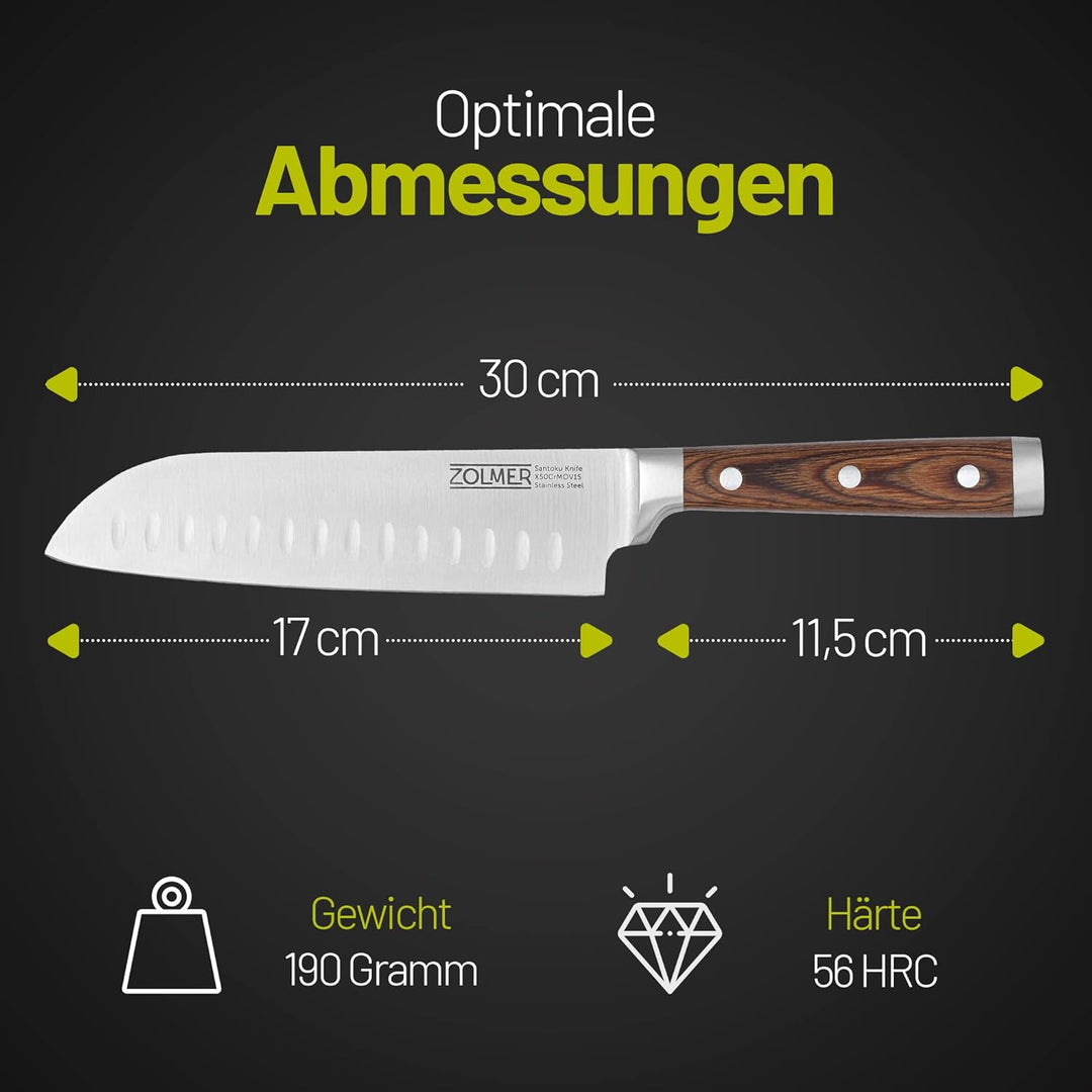 Zolmer® Santoku Messer - Extra scharfes Küchenmesser - Allzweck Messer mit komfortablem Griff aus Pa