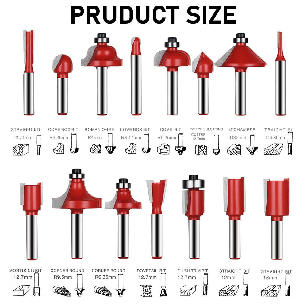 flintronic Fräser-Set, 6.35MM Fräsen Werkzeug Set, 15-tlg Holzkoffer Geschmiedeter Werkzeugstahl Obe