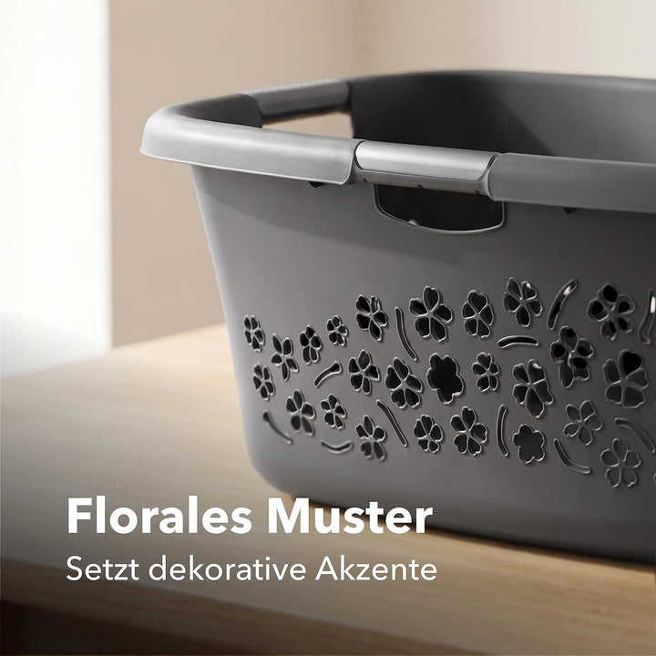 Rotho 3er-Set Wäschekorb Flowers 50l, Kunststoff (PP) BPA-frei, anthrazit, 3x50l, (65,1 x 49 x 26,2