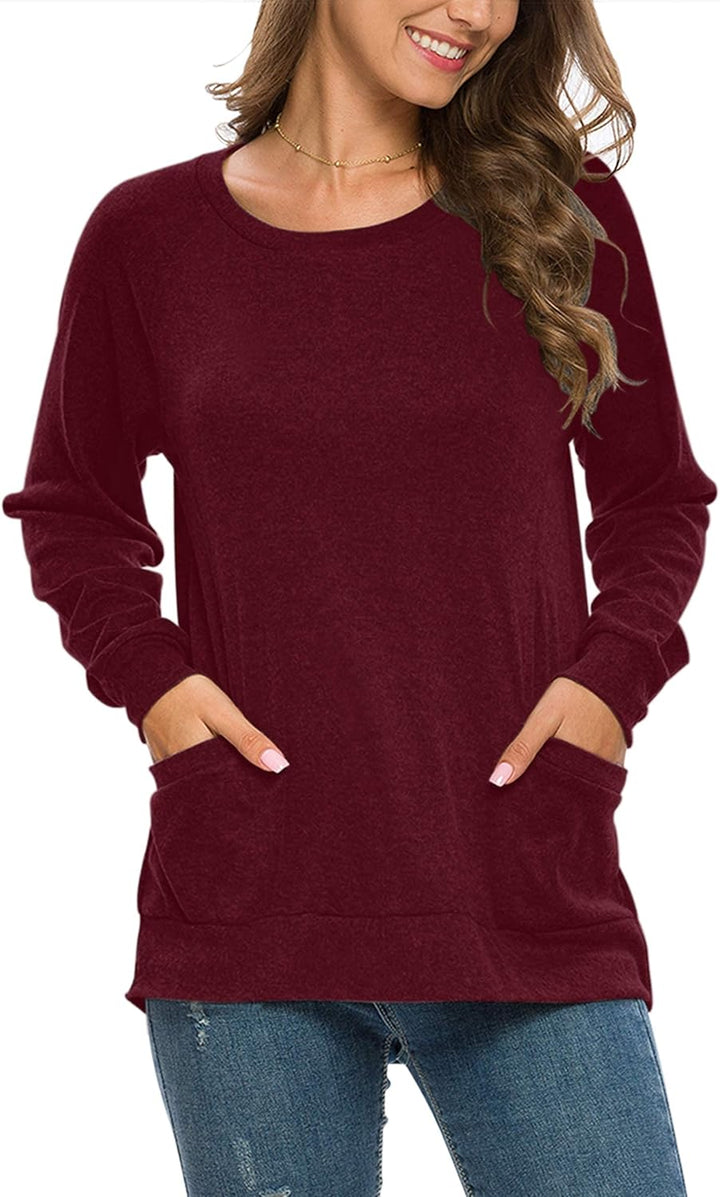 AUSELILY Damen Langarmshirts Rundhals T Shirts Blusen Tunika Sweatshirt Pullover Mit Taschen Burgund