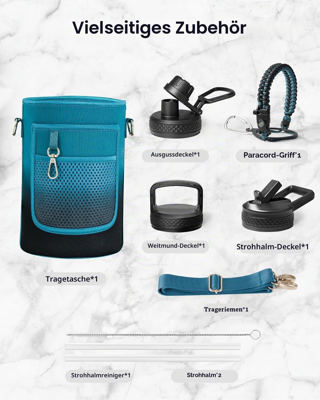 Thermosflasche mit Strohhalm 2L, Trebo Trinkflasche Edelstahl mit Paracord-Griff & 3 Deckeln, Edelst