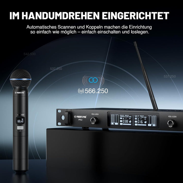 Phenyx Pro UHF Smart Funkmikrofonsystem, 2 kabellose dynamische Mikros mit Auto-Scan & Sync, adaptiv