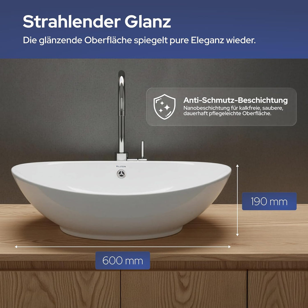 VILSTEIN Keramik Waschbecken, 60cm, Oval, Weiss, Mit Überlauf, Aufsatz-Waschschale für