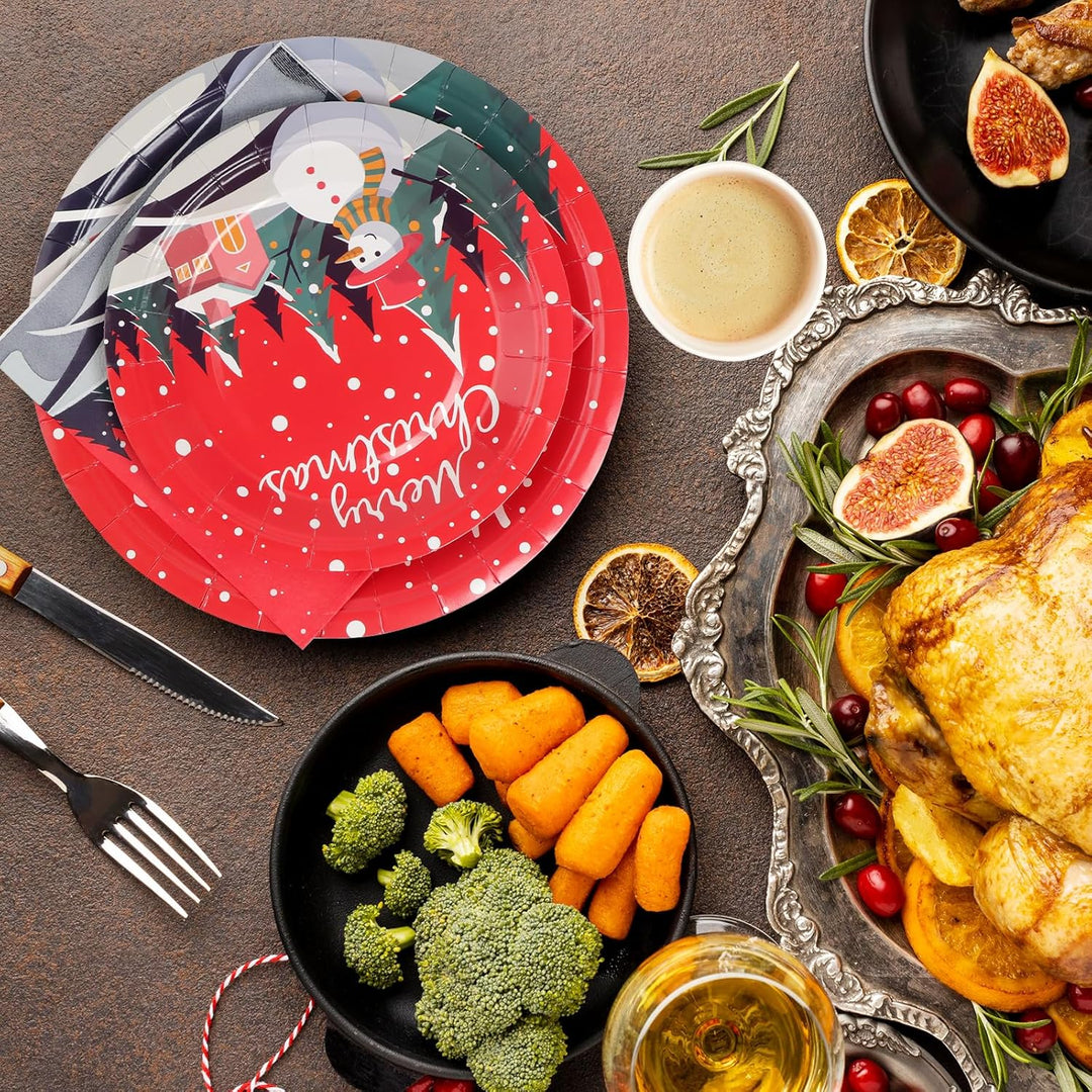 96 Stück Pappteller Weihnachten, Partygeschirr Set Weihnachtsparty Pappteller Servietten Pappbecher