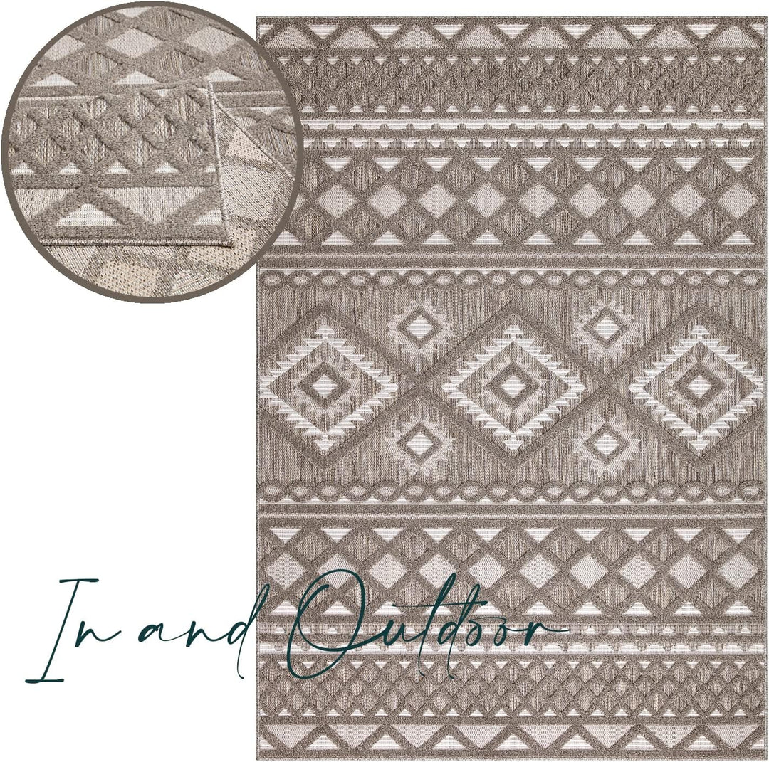 payé Teppich Wohnzimmer - Boho Braun 200x290cm - Raute Ornamente - Ethno Teppiche für Balkon Terrass