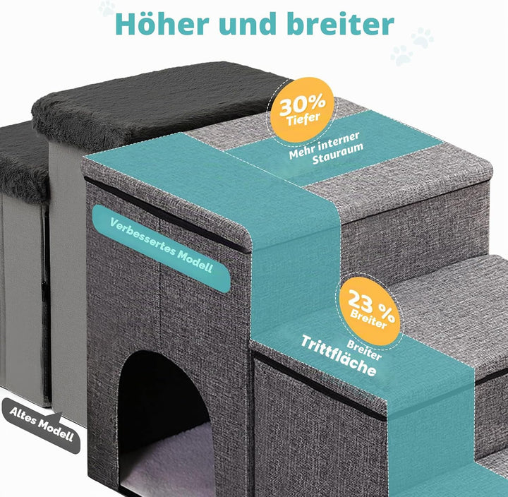 Hundetreppe für Kleine Hunde 3 Stufen - Haustiertreppe mit Stauraum - Breite Dog Stairs Faltbare mit