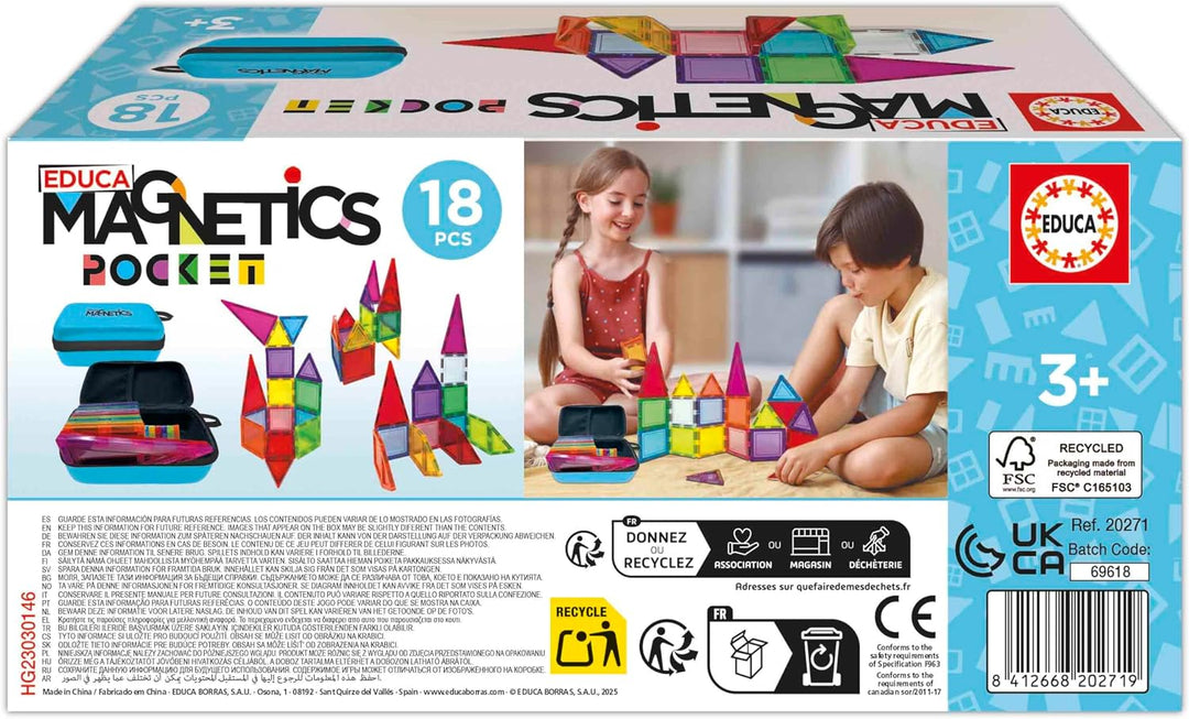 Educa - Magnetics Reisekoffer | Magnetbausteine Kinder 18 Teile im Koffer | Mit 2 Tieren &amp; 8 Karten