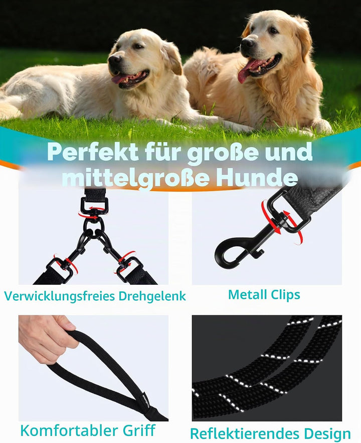 PetBonus Hundeleine Doppelleine für 2 Hunde, Keine Verwicklung Trainingsleine mit Zwei Gepolsterten