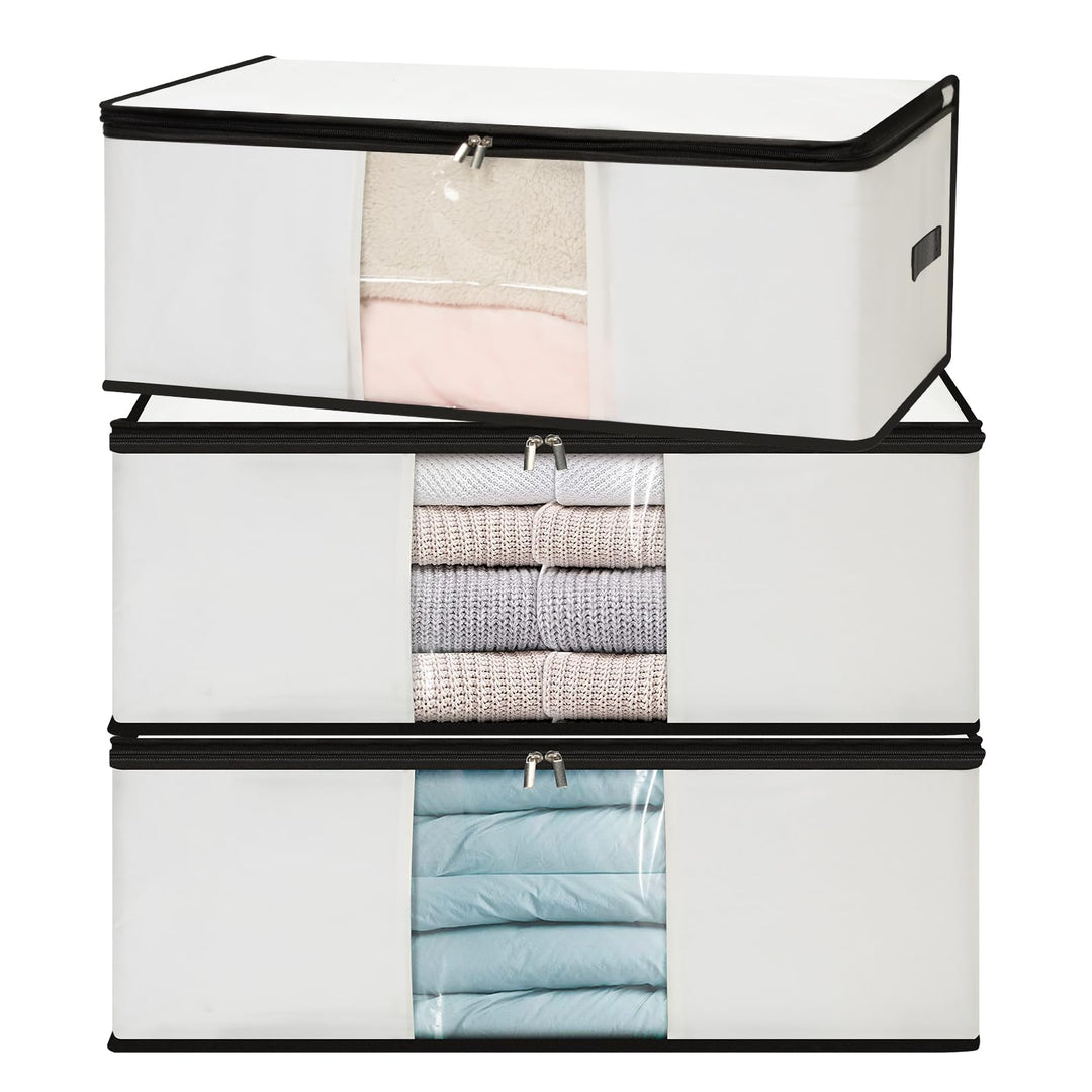 Cozary 3 Stück 60L Unterbett Aufbewahrungsbox, Faltbare Aufbewahrungstasche mit Deckel und Klaren Fe