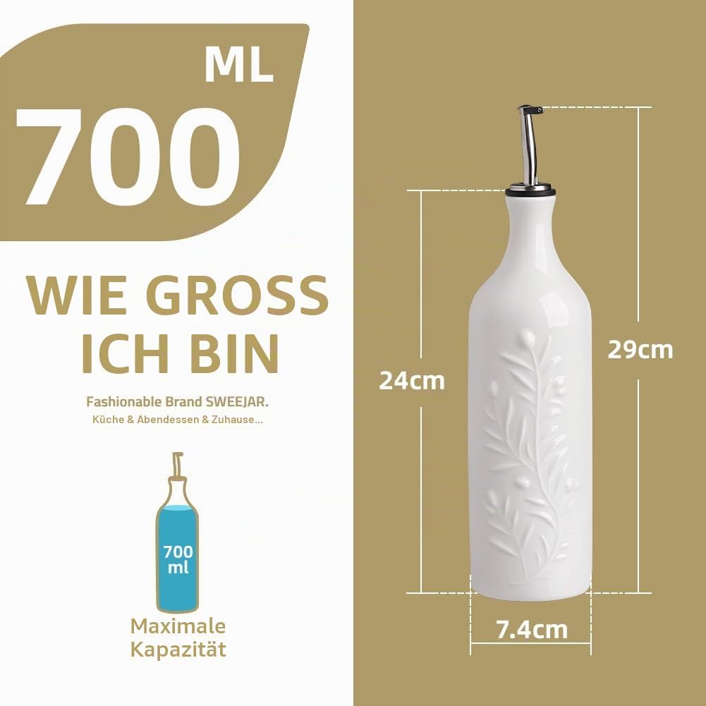 Sweejar Home Grosse Keramik-Olivenöl-Spenderflasche, 700 ml Relief Opaque Öl-Menage Schützt vor Oxid