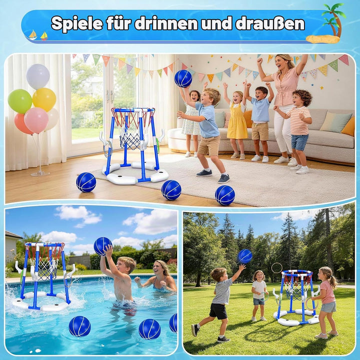 HaoVrisn Pool Basketballkorb Kinder Set, 2-in-1 Pool Spielzeug mit Ringwurf Spiel- 4 Bälle, 12 Ringe