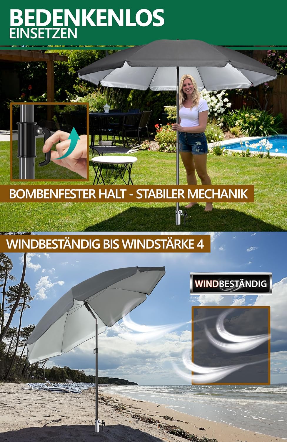 4smile Sonnenschirm Strand 3-in-1 Set, Ø 180 cm, Anthrazit, Strandschirm Windfest Stabil, UV50 Sonne