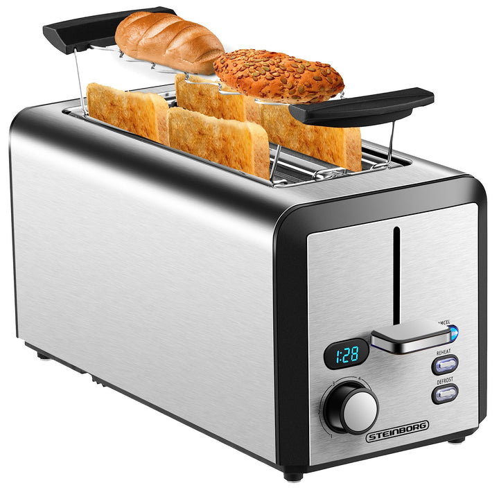 Toaster Langschlitz | 4 Scheiben Toastautomat | XXL | 1500 Watt | 6-Stufen Bräuneregler | Brötchenau