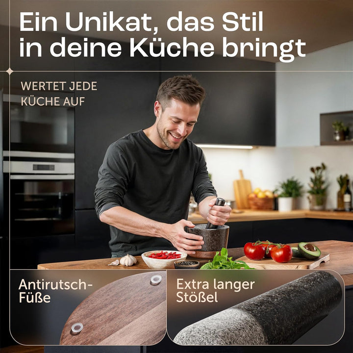 madeco Mörser mit Stössel Granit auf Holzsockel Nussbaum Ø 14,5 cm - Perfekt geeignet für Gewürze, K