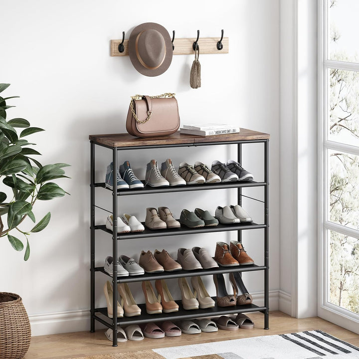 Schuhregal 5 Ebenen Schwarz Metall，mit oberem MDF-Paneel und Regal Vliesstoff，Platzsparend für Einga