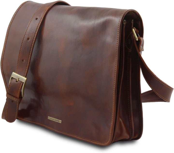 Tuscany Leather Messenger double Tasche mit Laptopfach aus Leder Braun, Braun
