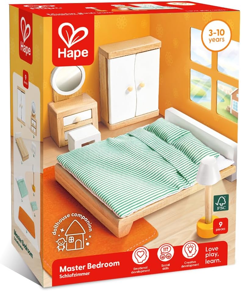 Hape Puppenhaus- Schlafzimmer, geeignet für alle vergleichbaren Puppenhäuser, geeignet ab 3 Jahren,