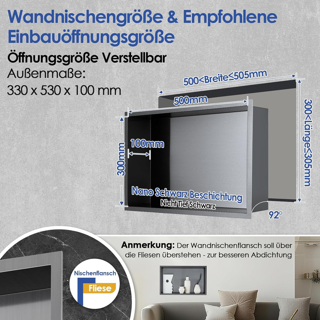 ROVOGO 50x30x10cm Nano Schwarz Wandnische Dusche Edelstahl, Eingebettete Duschnische Einzelregal Lag