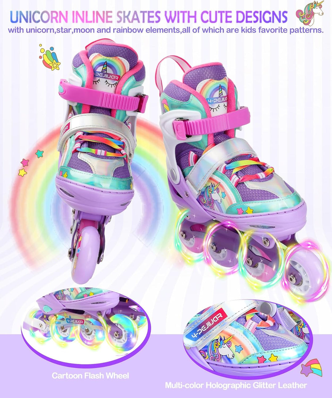Einhorn Inliner für Mädchen Kinder Grössen Verstellbar Mit Allen Leuchtenden Rädern Regenbogen Inlin